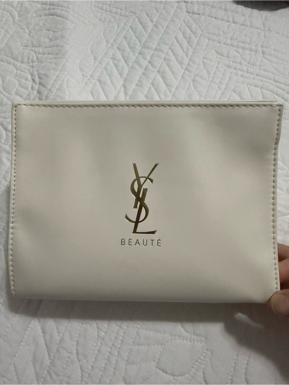 Yves Saint Laurent Cream Cosmetic Pouch with Gold YSL Logo includes mini